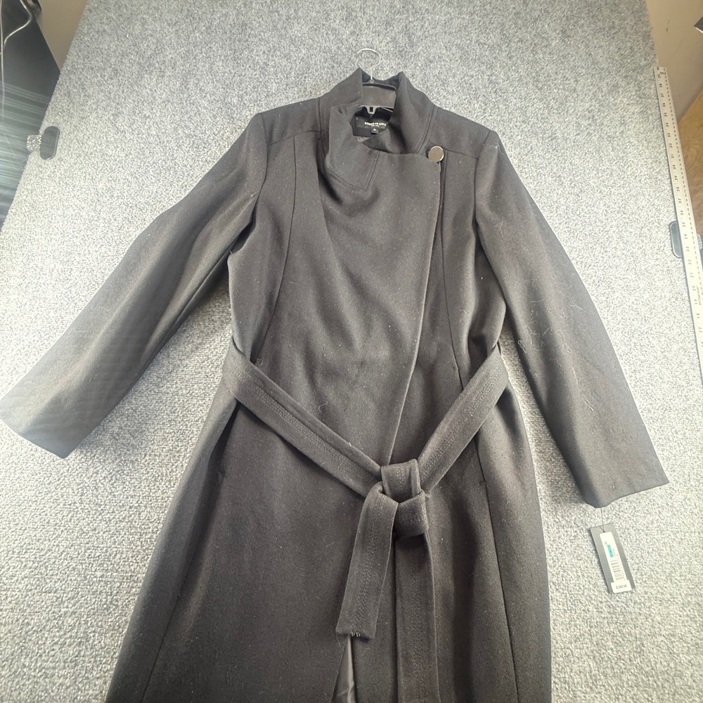 Kenneth Cole New York Black Wool Blend Maxi Wrap Belted Coat 176KM666 Size 16